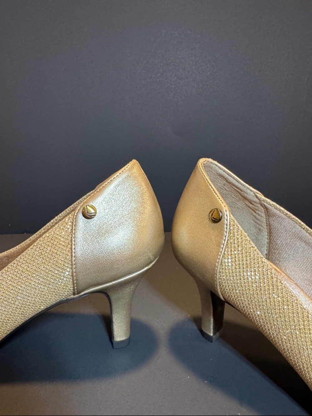 Women's Shimmery Gold Pointed Low Heel Pumps - Picture 5 of 10